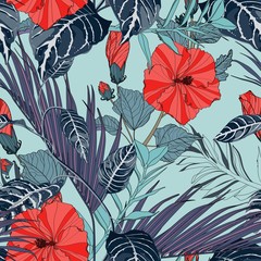Exotic leaves, blue liana branches, hibiscus flower branch and many kinds of plants seamless pattern. Light blue background.