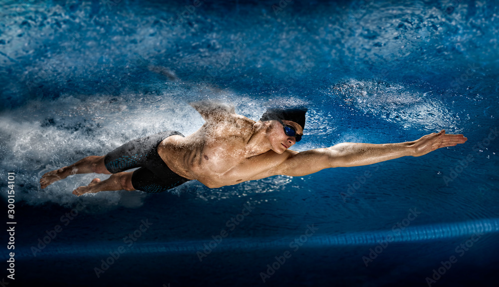 Man in swimming pool. View underwater - obrazy, fototapety, plakaty 