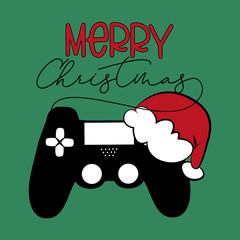 Wall Mural - Merry Christmas - text, with controller and Sana's cap, on green background. Good for greeting card and  t-shirt print, banner, flyer, poster design, mug, or sticker.