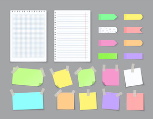 Poster - Notepaper with adhesive tape. Blank stickers with ripped edges lined with grids, colored notebook pages. Vector illustration isolated set white empty paper with sticker for notes