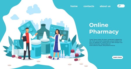 Pharmacy landing page. Medical support and drugs addiction concept, blisters with pills and capsules. Vector illustration pharmacy store web page app for patient support and online sale products