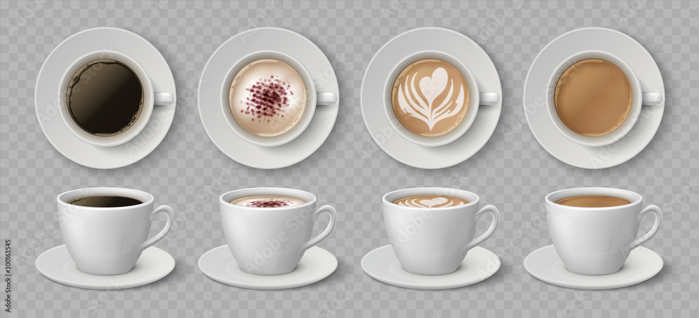 Realistic coffee cups. Espresso latte and cappuccino hot beverages, 3D mockup front and top views. Vector illustration isolated black coffee drink set on transparent background - obrazy, fototapety, plakaty 