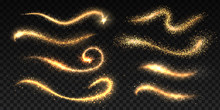 Sparkle Stardust. Magic Glittering Dust Waves, Golden Glowing Star Trails, Christmas Shining Light Effects. Vector Glamour Brush Set For Illustration Fairy Magic Glittering Gold Image On Black