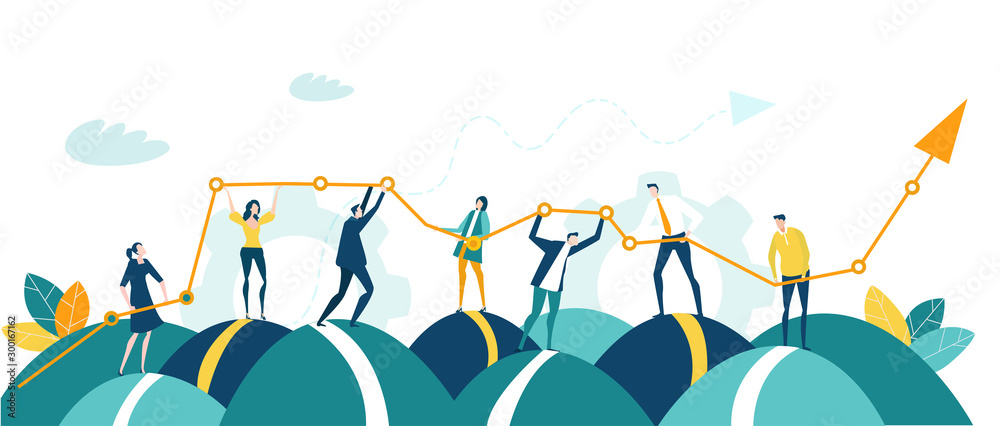 Business people, creative team holding and caring growth arrow as symbol of success, support and development. Business concept illustration - obrazy, fototapety, plakaty 