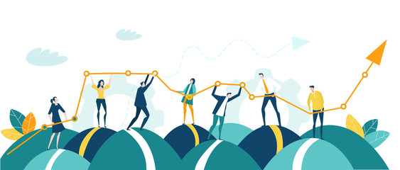 Wall Mural - Business people, creative team holding and caring growth arrow as symbol of success, support and development. Business concept illustration