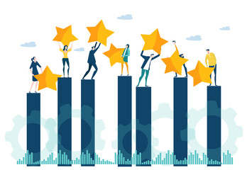 Little people caring seven golden stars up, as symbol of success, ranking and growth. Little business people staying at the growth bar, team of success.  Business concept illustration