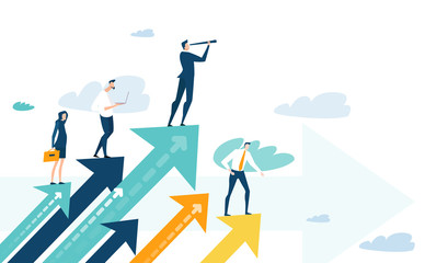 Wall Mural - Successful businessman standing on the arrow, which pointing up as symbol of achievement, success and developing business in successful way. Businessman looking forward with the telescope.