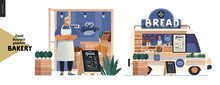 Bakery -small Business Illustrations -bakery Owner And Food Truck -modern Flat Vector Concept Illustration Of A Baker Wearing Apron In Front Of The Shop Facade, Bread Street Food Truck Van In The Park