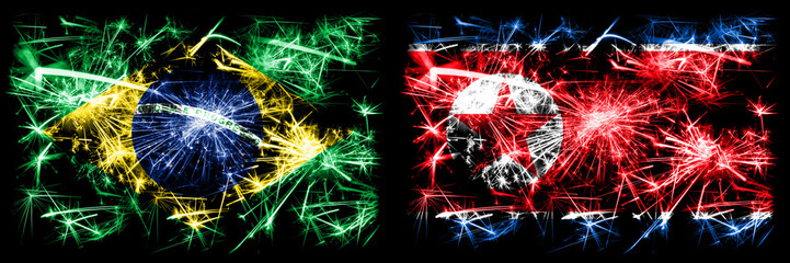 Brazil, Brazilian vs North Korea, Korean New Year celebration sparkling fireworks flags concept background. Combination of two states flags