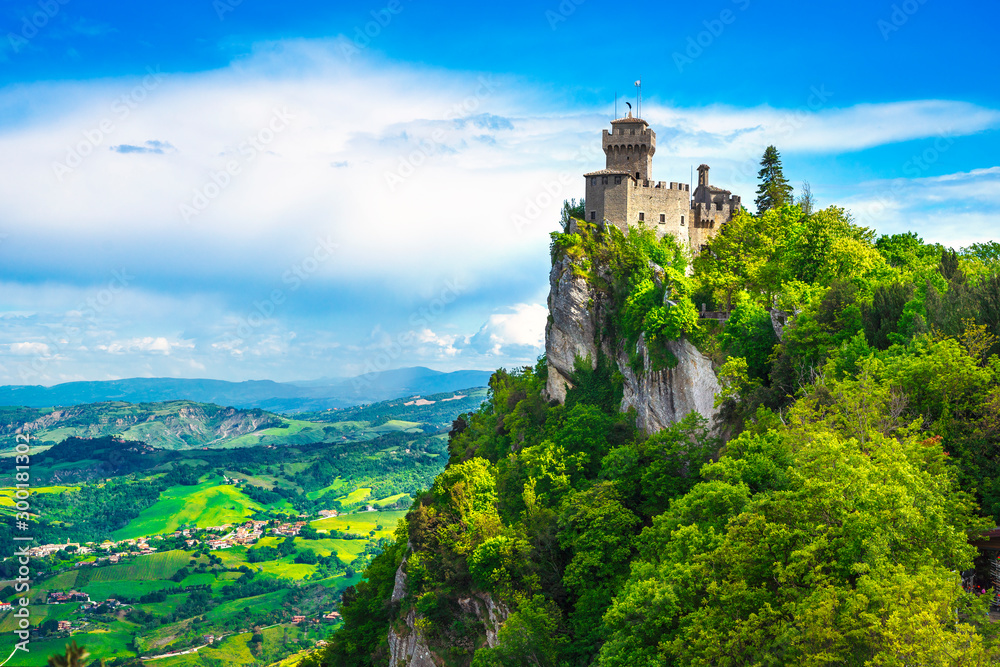 San Marino, medieval tower on a rocky cliff and panoramic view of Romagna - obrazy, fototapety, plakaty 