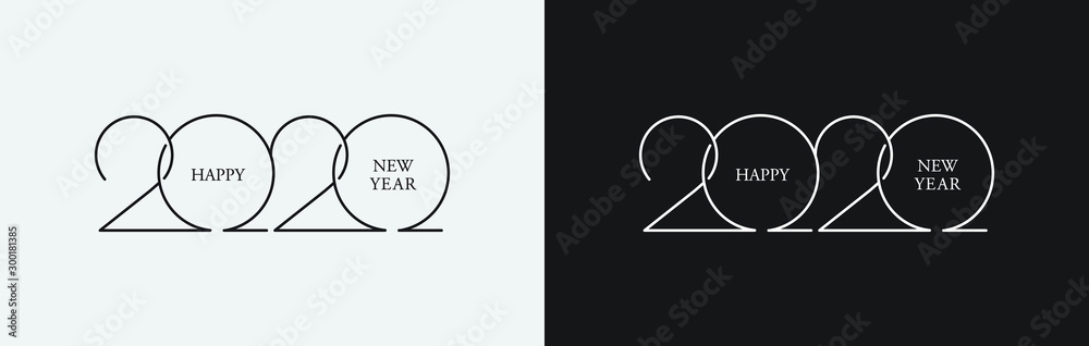 Happy New Year 2020 line drawing typography. Cover of business diary for 2020 with wishes. Brochure design template, card, banner. Vector illustration. Isolated on white background. Merry Christmas. - obrazy, fototapety, plakaty 