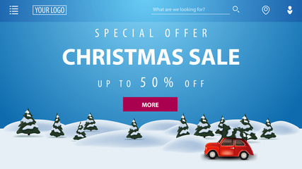 Special offer, Christmas sale, up to 50% off, blue discaunt banner with cartoon winter lndscape and red vintage car carrying Christmas tree