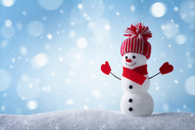 Christmas Card With Funny Snowman In Winter Scenery. Snowy Background.