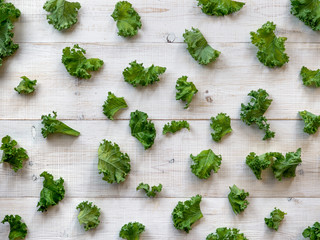 Wall Mural - Fresh green kale leaves on white wooden background. Top view or flat lay. Curve kale leaves pattern. Natural day light. Copy space for text or design. Healthy eating, vegetarian food, dieting concept