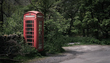 Old And Abandoned Telephone Booth In The Dark Forest. Dark Theme For Halloween Holiday.
