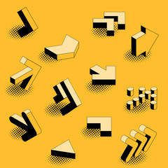 Flat design black an yellow retro comic style isometric arrow icon set.