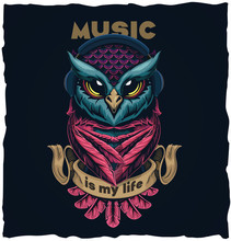 Musical Owl. Tshirt Design Illustration. Vector Illustration