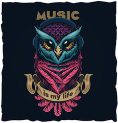 Musical owl. Tshirt design illustration. Vector illustration