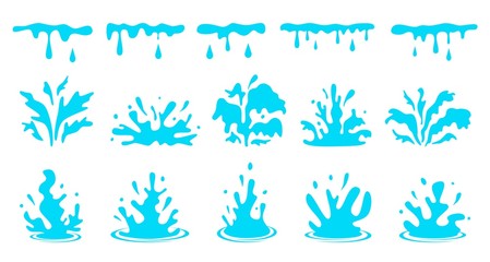 Cartoon water splashes. Blue flowing liquid, aqua stream with drops. Sea splashing motion isolated vector set