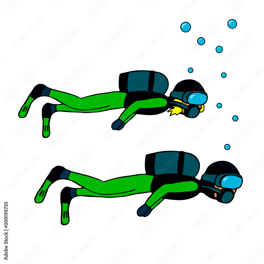 Diving Engine Person couple young man and woman diving with oxygen cylinder. extreme tourism ...