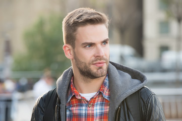 fashion purposes comfort. young man in casual clothing on urban background. handsome man wear casual