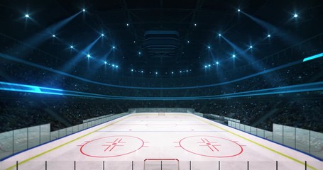 Wall Mural - Illuminated the ice hockey rink before the game in the stadium full of fans, 4k seamless loop animation