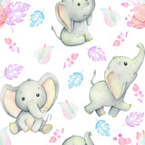 Cute baby elephants, watercolor illustration, surrounded by tropical plants and flowers, on white background, seamless pattern. For children's cards and invitations.