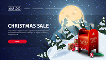 Christmas Sale, Horizontal Discount Web Banner With Starry Night. Full Blue Moon With Starry Sky And Silhouette Of The Planet