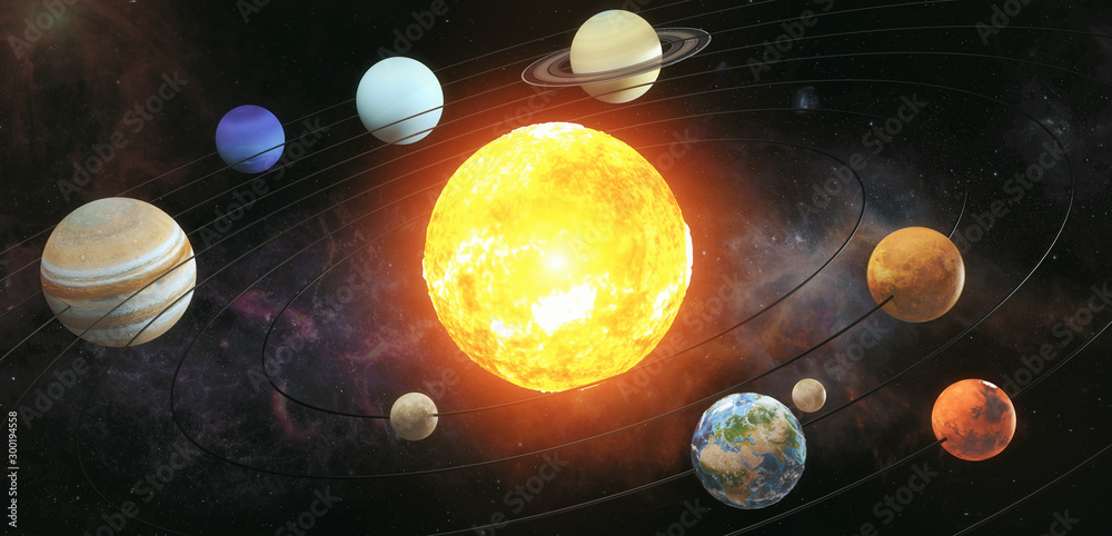 Solar system scheme. The sun with orbits of planets on the Universe star background. Elements of this image furnished by NASA - obrazy, fototapety, plakaty 