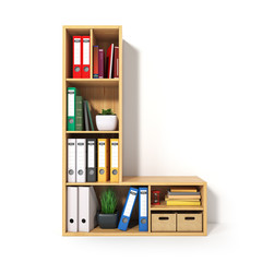 Poster - Letter L. Alphabet in the form of shelves with file folder, binders and books isolated on white. Archival, stacks of documents at the office or library.