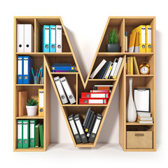Poster - Letter M. Alphabet in the form of shelves with file folder, binders and books isolated on white. Archival, stacks of documents at the office or library.