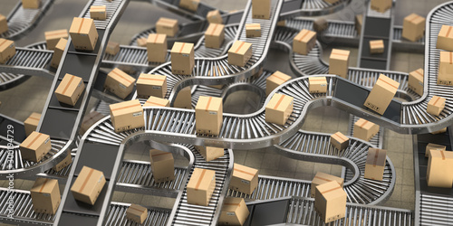 Fotografía Cardboard boxes on conveyor belts and rollers in distribution warehouse, Delivery and packaging service concept background