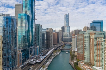 Fototapete - Chicago downtown buildings skyline fall foliage aerial drone
