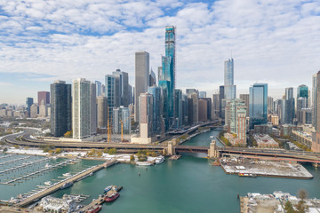 Fototapete - Chicago downtown buildings skyline fall foliage aerial drone