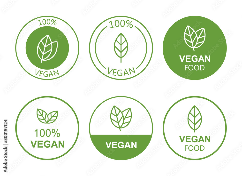 Set flat vegan icon on white background. Bio, Ecology, Organic logos and badges, label, tag. Vector illustration design - obrazy, fototapety, plakaty 