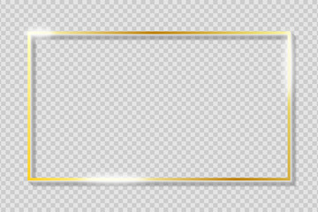 Leinwandbilder - Golden frame on transparent background with shadow. Gold rectangle border with glow shine and light effect. Vector illustration.
