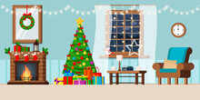 Cozy New Year Holiday Decorated Living Room Interior With Night Window Winter Rural Landscape In Flat Cartoon Style.