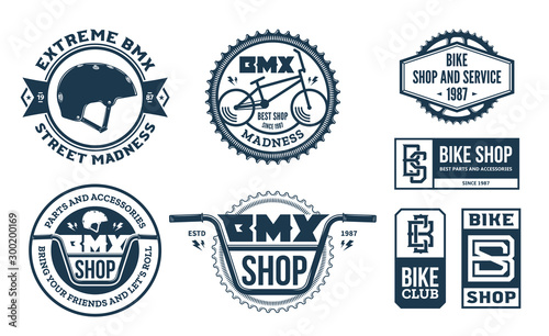 Cuadros en Lienzo Set of vector bmx bike shop, bicycle part and service logo, badges and icons