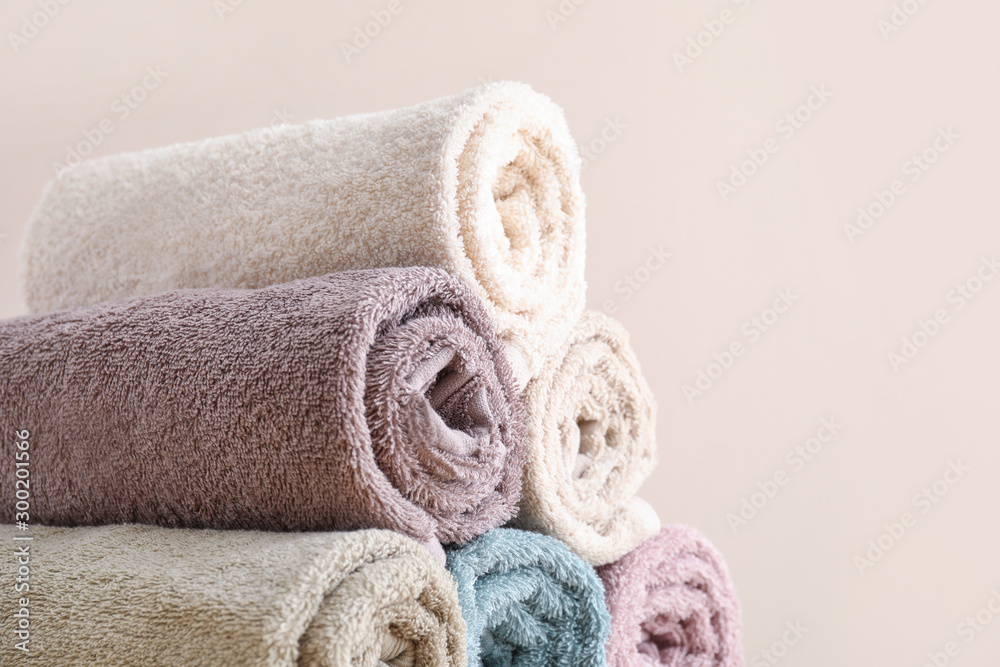 Soft clean towels on light background