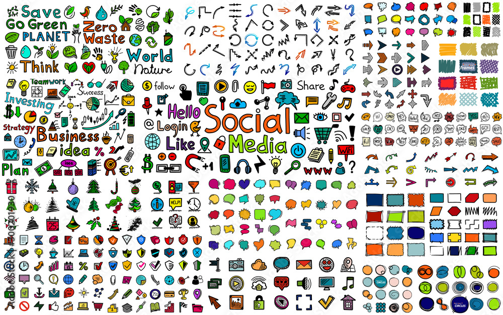 Huge mega collection of color hand drawn doodle icons - social, business, web and internet, buttons, frames, nature and ecology, speech bubbles, arrows and many other design elements. Doodles bundle. - obrazy, fototapety, plakaty 