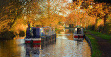  Narrow Boats  On The Llangollen Canal, At Wrenbry  Boats And Reflections In Autumn