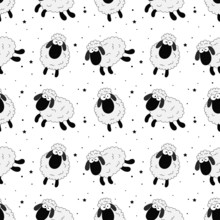 Seamless Sweet Dreams Sheep Funny Animal Pattern On White Background For Fabric, Textile, Paper, Wallpaper, Wrapping Or Greeting Card. Vector Illustration.