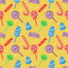 Wall Mural - kawaii cute pastel candy sweet desserts with funny faces cartoon seamless pattern with different types on white background for cafe or restaurant. illustration vector.