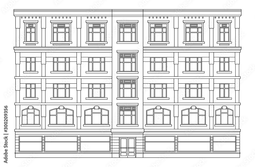 Detail front view house facade building outline contour with shop street panorama, windows, doors and pillars. Vector line art illustration isolated on white - obrazy, fototapety, plakaty 