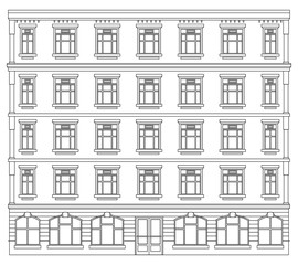 Detail front view house facade building outline contour with shop street panorama, windows, doors and pillars. Vector line art illustration isolated on white