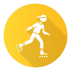 Sticker - Inline skating yellow flat design long shadow glyph icon. Freestyle rollerblading. Fitness skating. Teenager on rollerblades. Person on roller skates. Extreme sport. Vector silhouette illustration