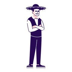 Poster - Man dressed in Mexican day of dead costume flat vector illustrations set. Cartoon character with outline elements isolated on white background. Sugar scull face. Dia de los Muertos celebration