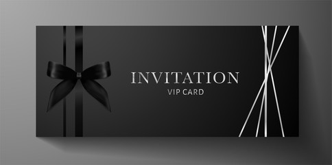 Wall Mural - Luxurious VIP Invitation template with bow, ribbon on black background and silver text. Premium class design for Gift certificate, Voucher, Gift card 