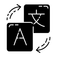 Sticker - Language translation service glyph icon. Instant machine translator. Automated interpretation tool. Online dictionary. Silhouette symbol. Negative space. Vector isolated illustration