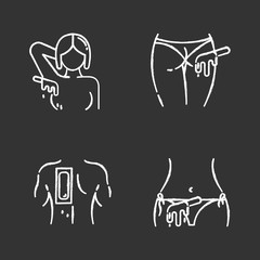 Sticker - Hot waxing chalk icons set. Armpit, buttocks, back, bikini hair removal. Cold wax strips. Body hair depilation. Professional beauty treatment cosmetics. Isolated vector chalkboard illustrations